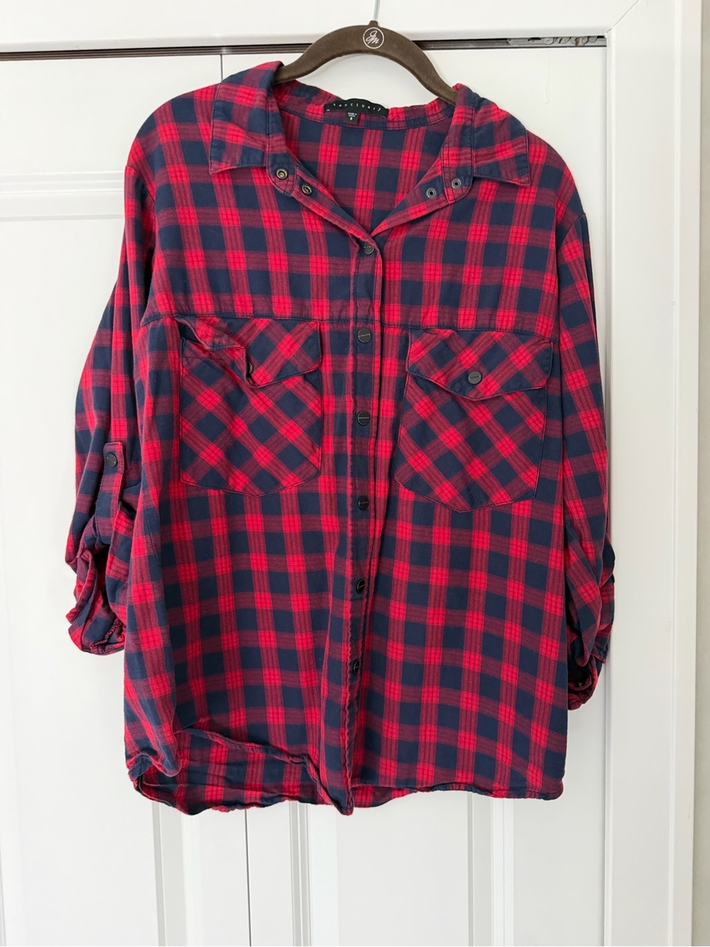 Sanctuary Red and Navy Plaid Button-Down Hooded Shirt